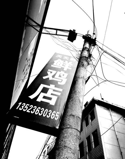 Chinese street sign under tangle of telegraph wires